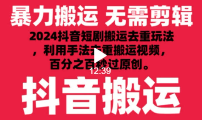 2024最新抖音搬运技术，抖音短剧视频去重，手法搬运，利用工具去重，达到秒过原创的效果【揭秘】