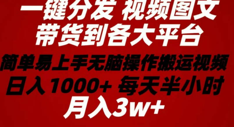 2024年一键分发带货图文视频 简单易上手 无脑赚收益 每天半小时日入1000+上不封顶！