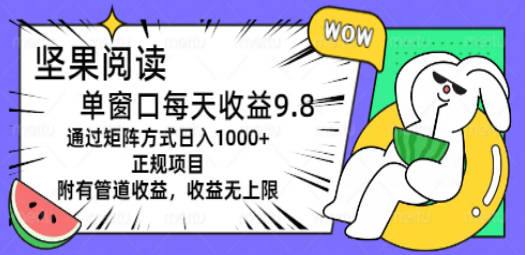 坚果阅读单窗口每天收益9.8通过矩阵方式日入1000+正规项目附有管道收益