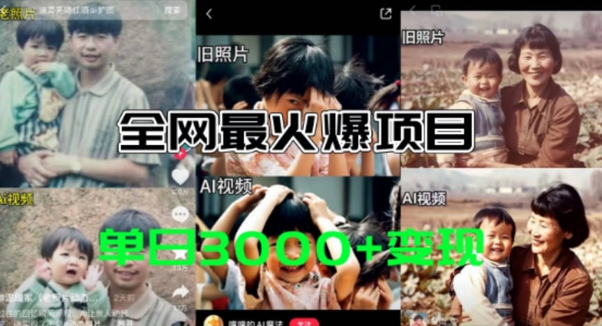 全网爆火的AI让老照片动起来教程，蹭热点日赚3k+，内含免费工具一键可生成