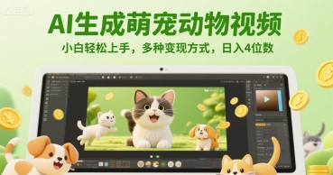 AI生成萌宠动物视频，小白轻松上手，多种变现方式，日入4位数