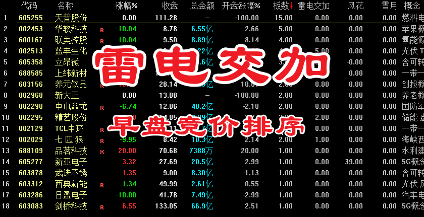 雷电交加：早盘竞价排序指标，自用高胜率竞价指标！