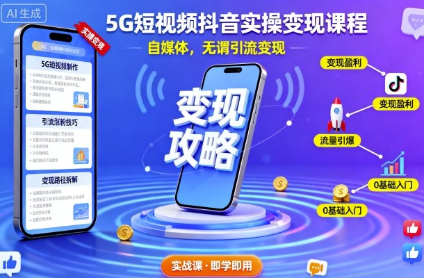 5G短视频抖音实操变现课程，自媒体，无谓引流变现