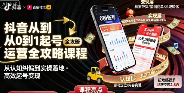 抖音从0到1起号运营全攻略课程，从认知纠偏到实操落地，高效起号变现