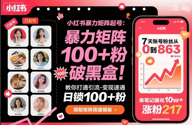 小红书暴力矩阵起号，教你打通引流-变现速通，日锁100+粉，破流量黑盒