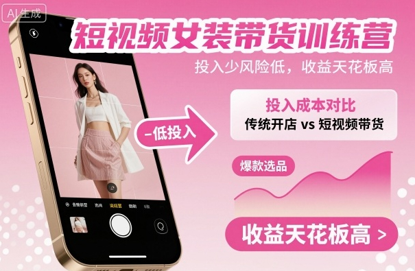 短视频女装带货训练营，投入少风险低，收益天花板高
