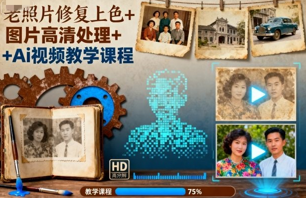 老照片修复上色+图片高清处理+Ai视频教学课程