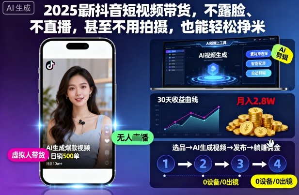 2025最新抖音短视频带货，不露脸、不直播，甚至不用拍摄，也能轻松挣米