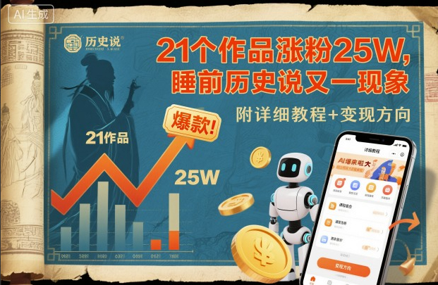 21个作品涨粉25W，睡前历史说又一现象级AI内容大爆款来啦，附详细教程+变现方向