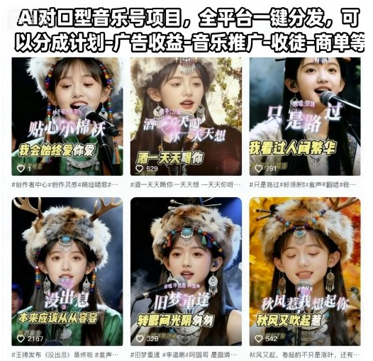 AI对口型音乐号项目，全平台一键分发，可以分成计划-广告收益-音乐推广-收徒-商单等
