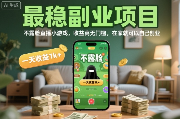 最稳副业项目，不露脸直播小游戏，收益高无门槛，一天收益1k+，在家就可以自己创业