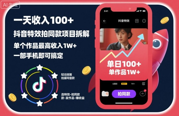 一天收入100+，抖音特效拍同款项目拆解，单个作品最高收入1W+，一部手机即可搞定