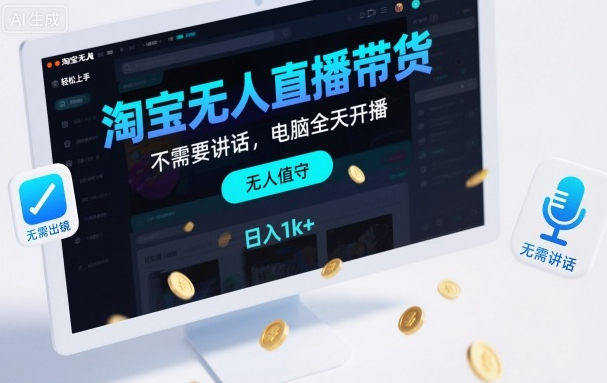 淘宝无人直播带货，不需要出镜，不需要讲话，电脑全天开播，轻松上手，日入1k