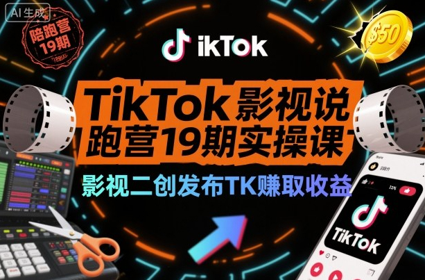 TikTok影视解说陪跑营19期实操课，影视二创发布TK賺取收益，万播收益50美金