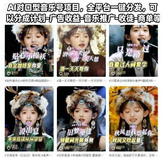 AI对口型音乐号项目，全平台一键分发，可以分成计划-广告收益-音乐推广-收徒-商单等
