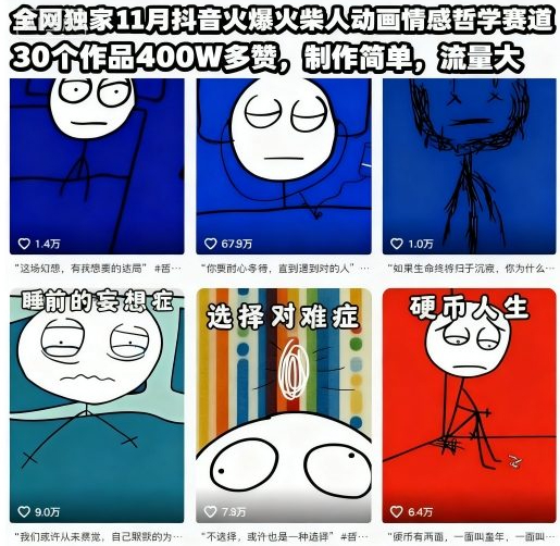 全网独家11月抖音火爆火柴人动画情感哲学赛道，30个作品400W多赞，制作简单，流量大【教学+素材】
