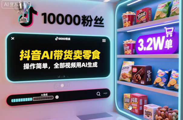 抖音AI带货卖零食，操作简单，全部视频用AI生成，一万粉丝，卖了3.2W单