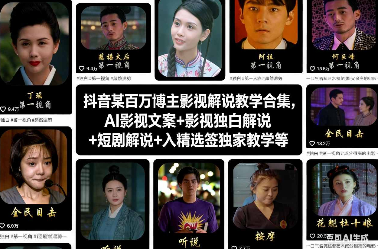 抖音某百万博主影视解说教学合集，AI影视文案+影视独白解说+短剧解说+入精选签独家教学等