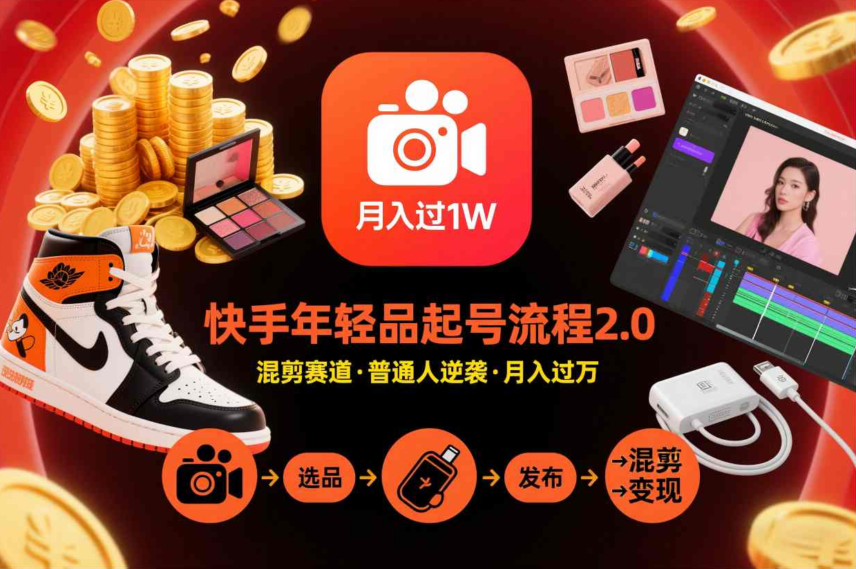 快手短视频带货年轻品起号流程2.0，快手年轻品混剪赛道，普通人也能月入过1W