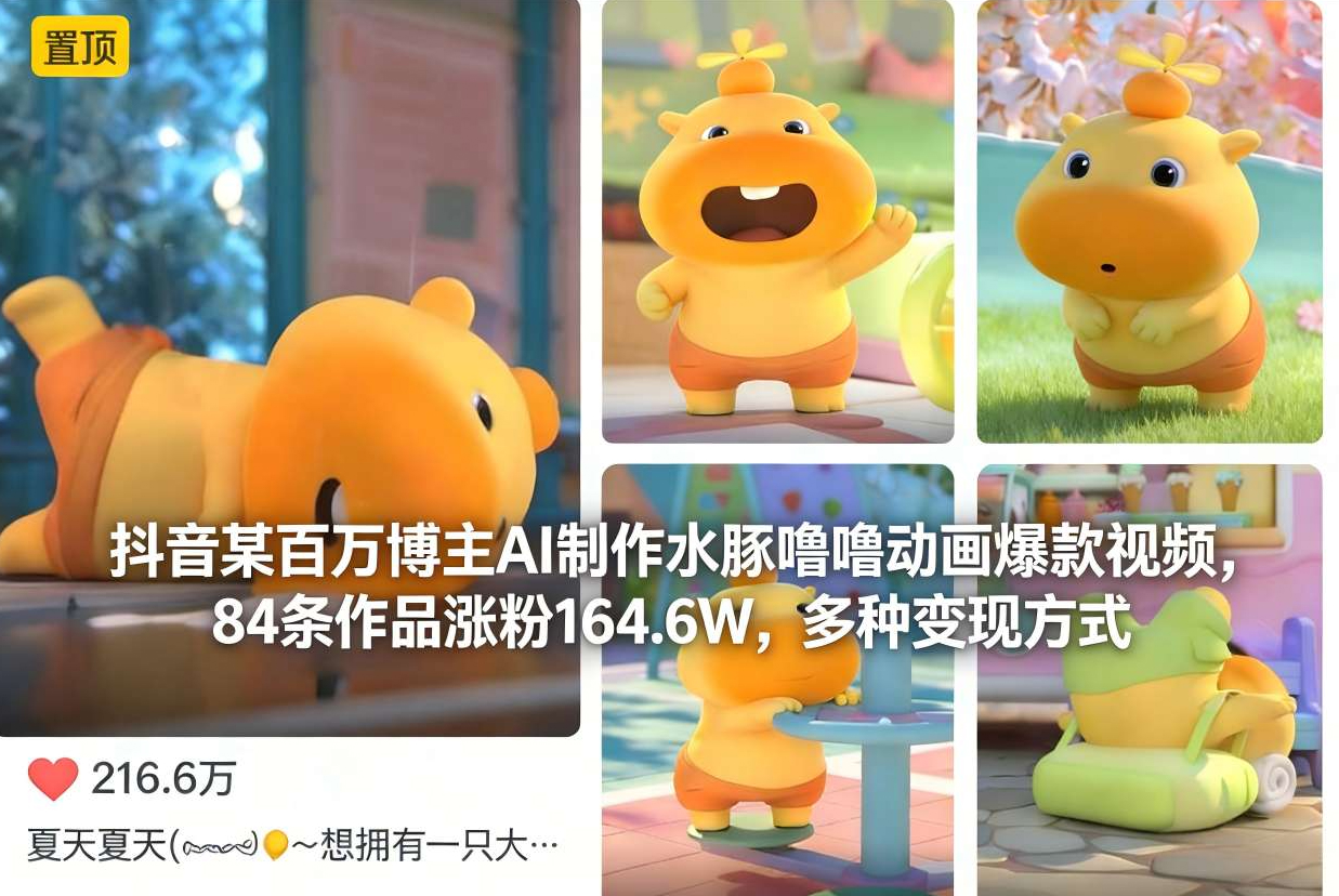 抖音某百万博主AI制作水豚噜噜动画爆款视频，84条作品涨粉164.6W，多种变现方式
