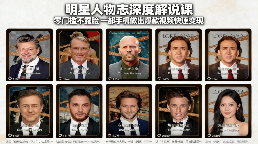 明星人物志深度解说课：零门槛不露脸，一部手机做出爆款视频快速变现