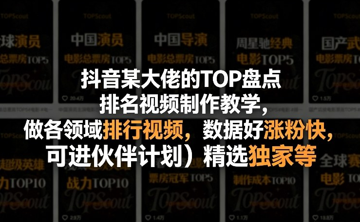 抖音某大佬的TOP盘点排名视频制作，做各领域排行视频，数据好涨粉快，可进伙伴计划＋精选独家等
