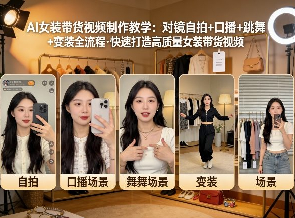 AI女装带货视频制作教学，对镜自拍、口播、跳舞、变装全流程，快速打造高质量女装带货视频