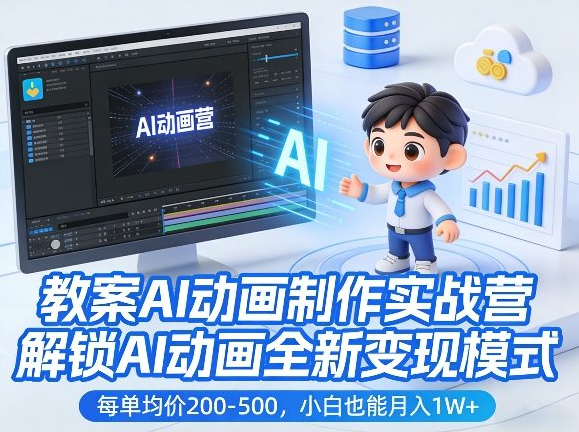 教案AI动画制作实战营，解锁AI动画全新变现模式，每单均价200-500，小白也能月入1W+