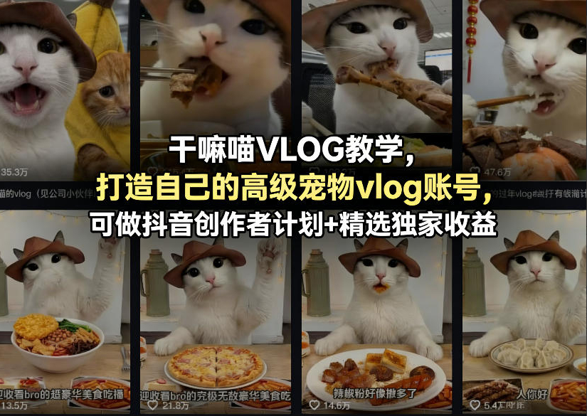 干嘛喵VLOG教学，打造自己的高级宠物vlog账号，可做抖音创作者计划+精选独家收益