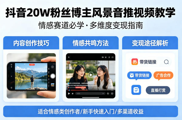 抖音20W粉丝博主风景音推视频教学，情感赛道必学，各种变现途径