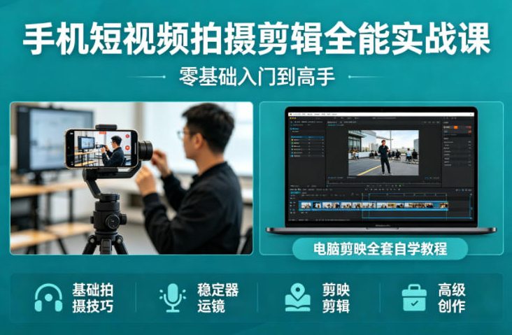 手机短视频拍摄剪辑全能实战课：零基础入门到高手，稳定器运镜+电脑剪映全套自学教程