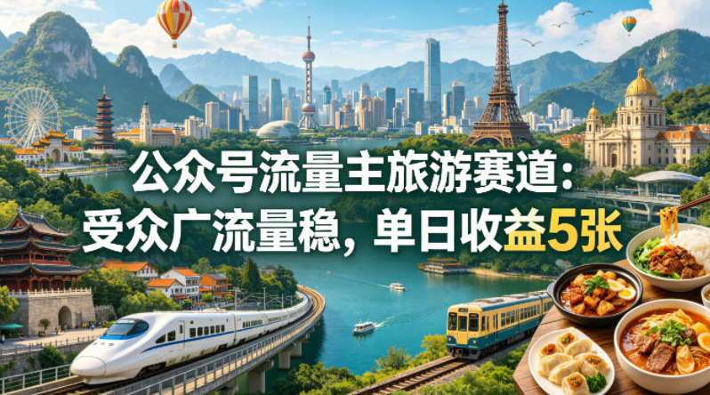 公众号流量主之旅游赛道，受众广+流量稳，平均单日收益5张+