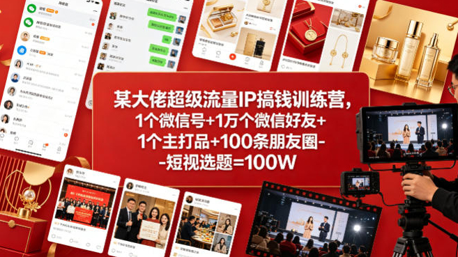某大佬超级流量IP搞钱训练营，1个微信号+1万个微信好友+1个主打品+100条朋友圈-短视选题=100W