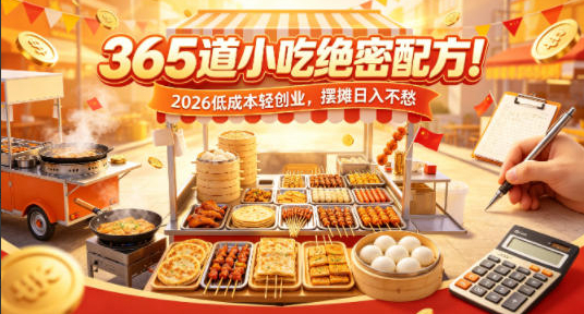 365道小吃绝密配方！2026低成本轻创业，摆摊日入不愁