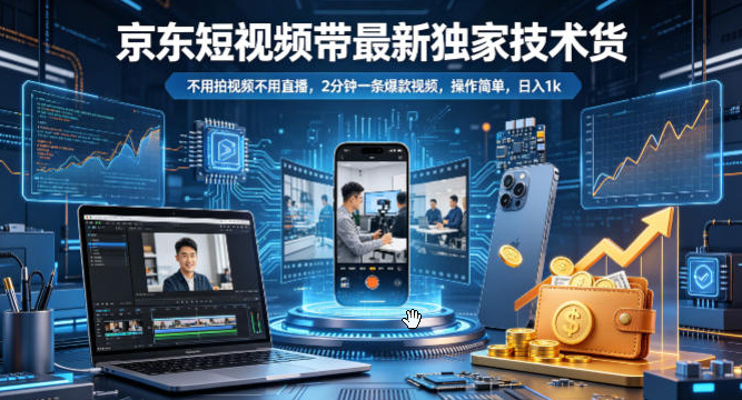 京东短视频带货最新独家技术，不用拍视频不用直播，2分钟一条爆款视频，操作简单，日入1k+【揭秘】