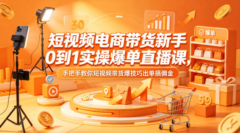 短视频电商带货新手0到1实操爆单直播课，手把手教你短视频带货爆技巧出单搞佣金