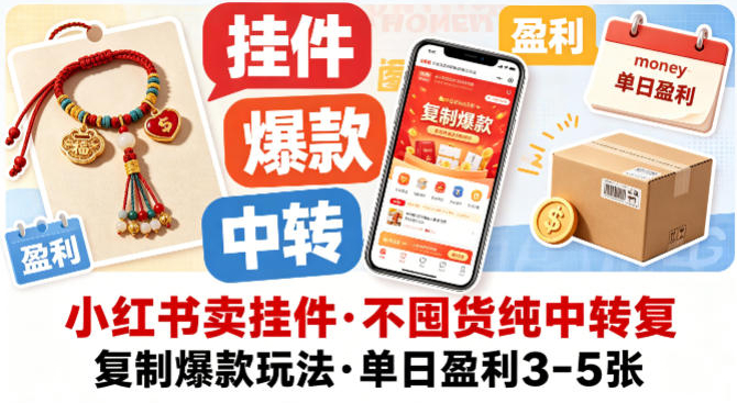 小红书卖挂件，不囤货纯中转复制爆款玩法，单日盈利3-5张