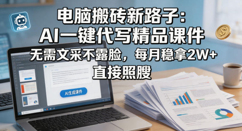 电脑搬砖新路子：AI一键代写精品课件，无需文采不露脸，每月稳拿2W+，直接照搬