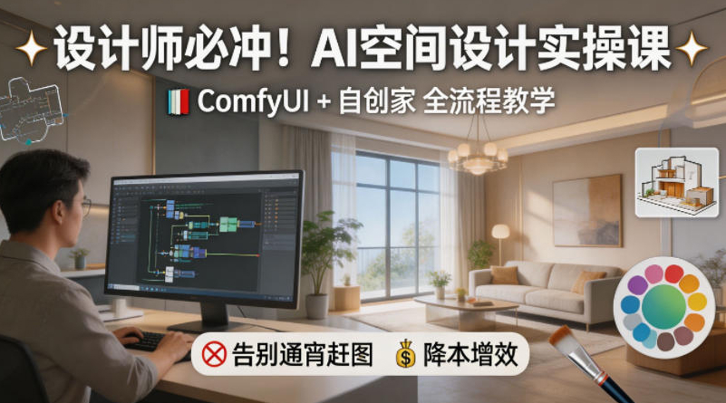 设计师必冲！AI空间设计实操课，ComfyUI+自创家全教学，告别通宵赶图，降本增效