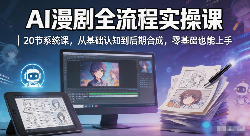 AI漫剧全流程实操课｜20节系统课，从基础认知到后期合成，零基础也能上手