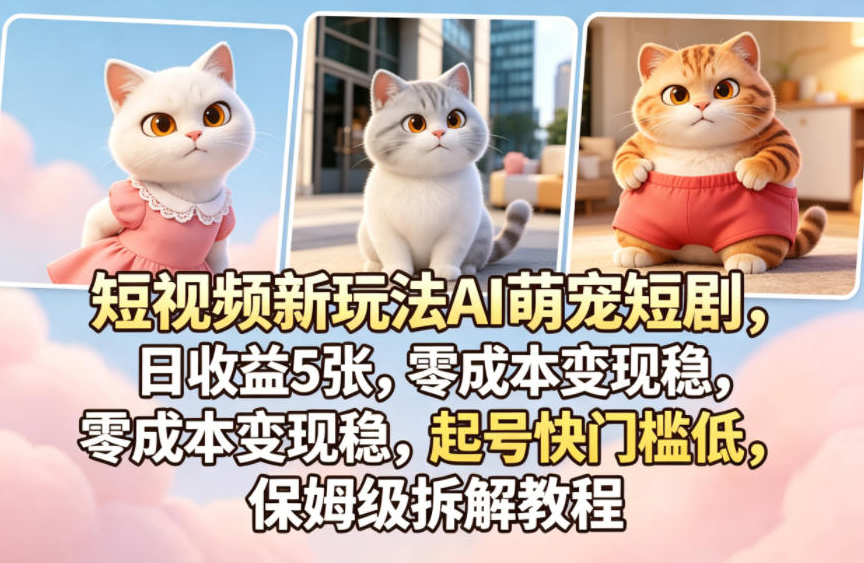 短视频新玩法AI萌宠短剧，日收益5张，零成本变现稳，起号快门槛低，保姆级拆解教程