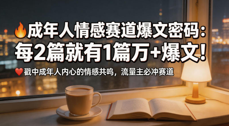 公众号流量主成年人情感心理赛道，流量最大，受众最广的主流赛道之一，平均每2篇就有1篇万爆文章