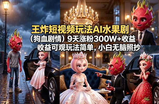 王炸短视频玩法AI水果剧（狗血剧情）9天涨粉300W+收益可观玩法简单，小白无脑照抄，详细拆解玩法
