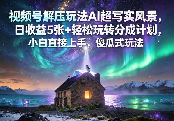 视频号解压玩法AI超写实风景，日收益5张+轻松玩转分成计划，小白直接上手，傻瓜式玩法