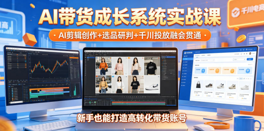 AI带货成长系统实战课，AI剪辑创作+选品研判+千川投放融会贯通，新手也能打造高转化带货账号