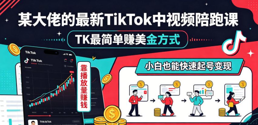 某大佬的最新TikTok中视频陪跑课，TK最简单賺美金方式，靠播放量賺钱，小白也能快速起号变现
