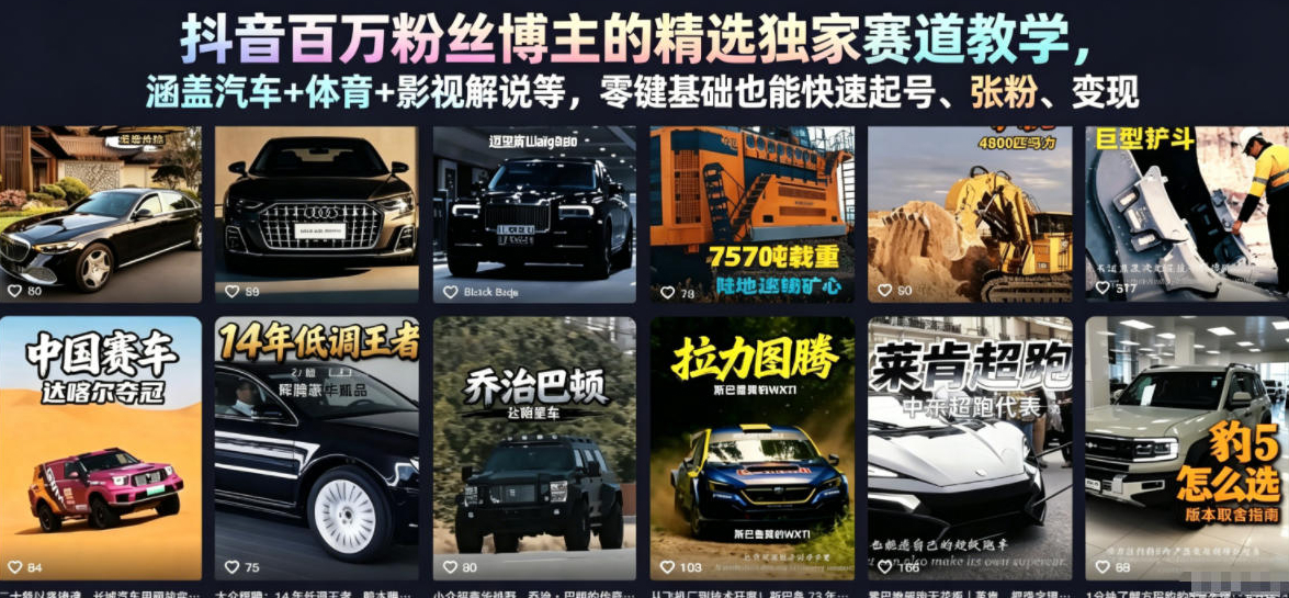 抖音百万粉丝博主的精选独家赛道教学，涵盖汽车+体育+影视解说等，零基础也能快速起号、涨粉、变现