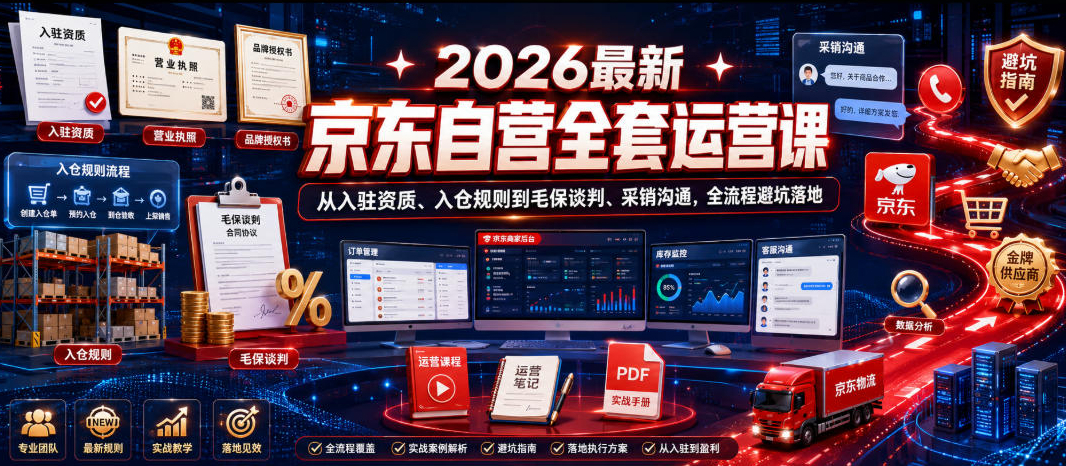 2026最新京东自营全套运营课，从入驻资质、入仓规则到毛保谈判、采销沟通，全流程避坑落地