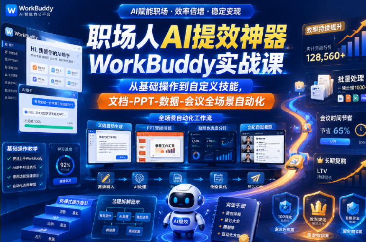 职场人AI提效神器WorkBuddy实战课，从基础操作到自定义技能，文档-PPT-数据-会议全场景自动化
