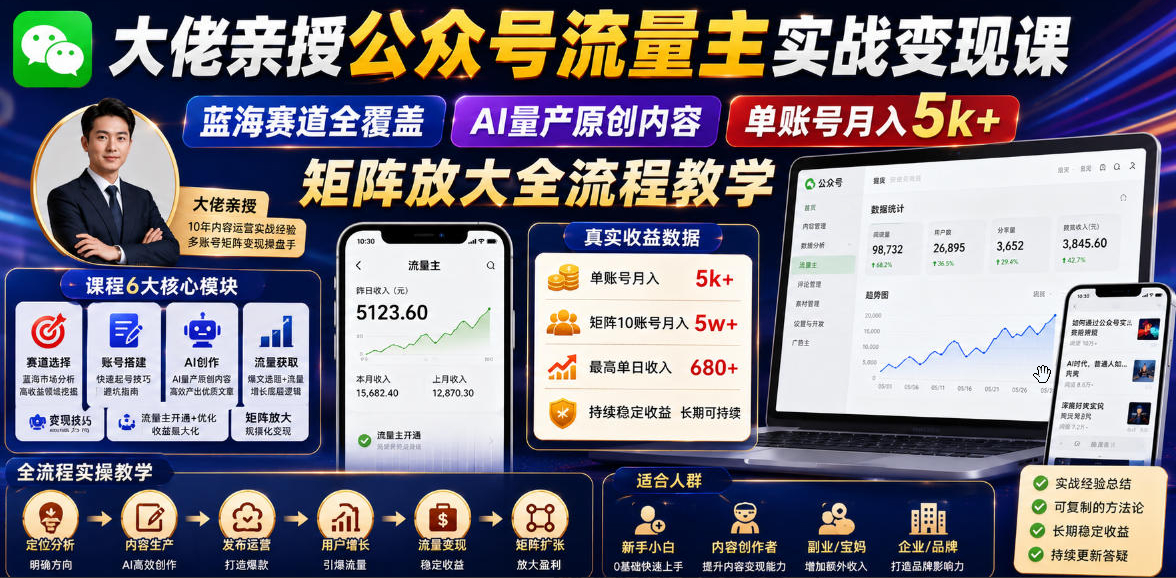 大佬亲授公众号流量主实战变现课，蓝海赛道全覆盖，AI量产原创内容，单账号月入5k+矩阵放大全流程教学